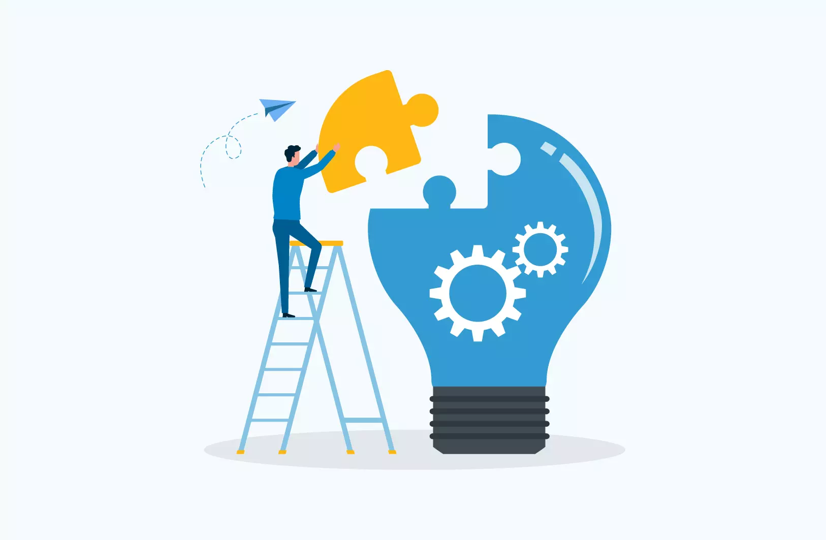 Illustration of a learner fitting a puzzle piece into an idea, represented as a lightbulb with gears, symbolising applied problem-solving